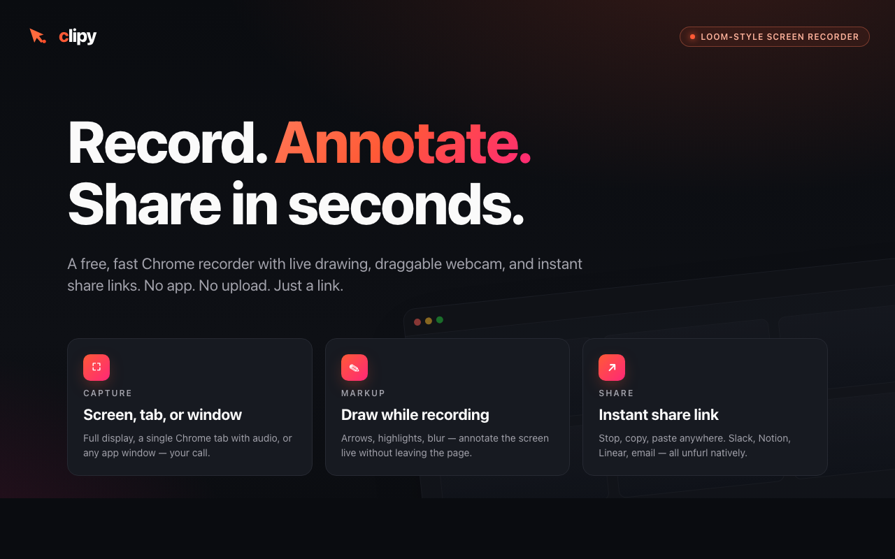 Clipy Chrome extension — record anything: screen, tab, or webcam