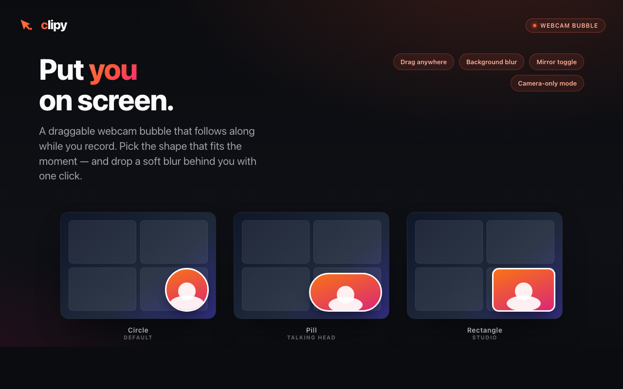Clipy webcam bubble shapes — circle, pill, rectangle