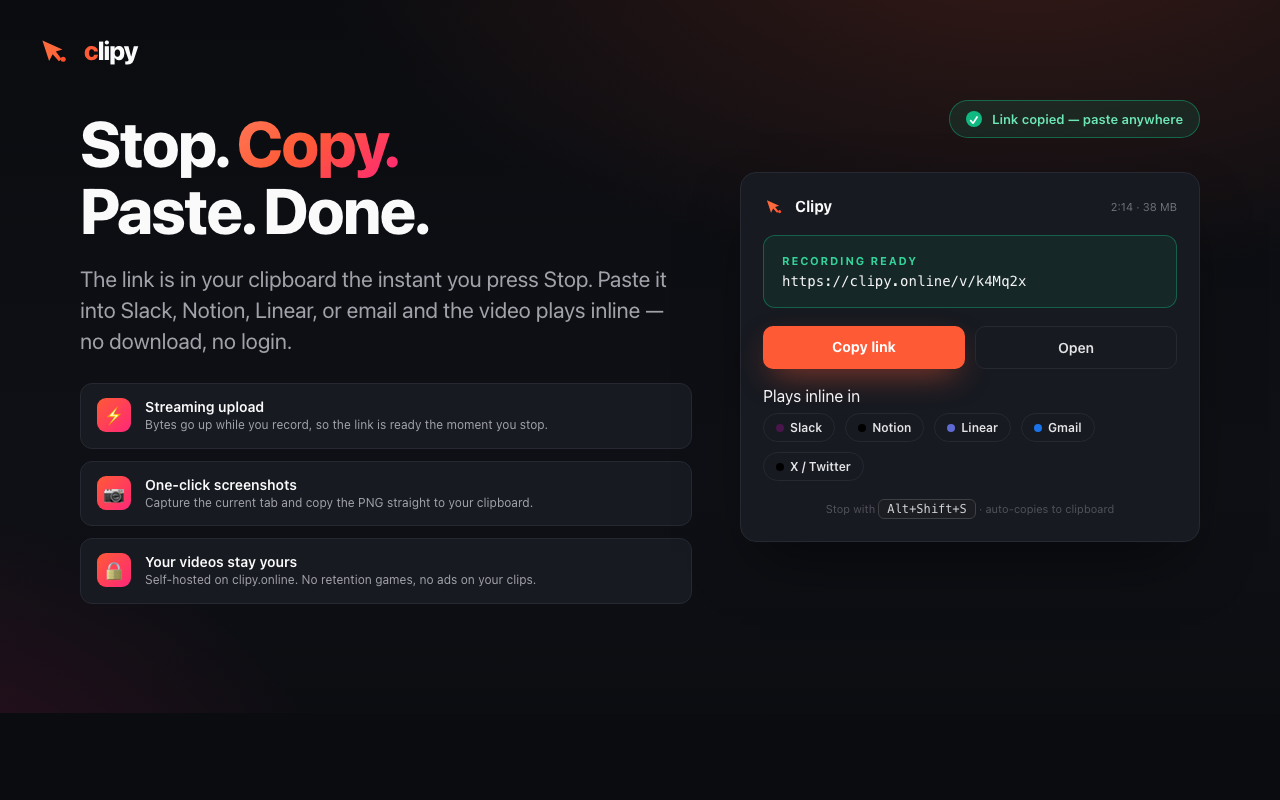 Clipy share panel — instant link the second the recording stops