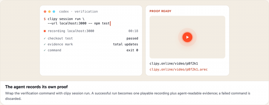 An AI agent wraps a test command with Clipy and returns a proof recording plus an AREC document