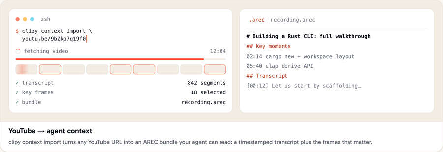 Clipy importing a YouTube URL into a timestamped transcript and selected agent-readable frames